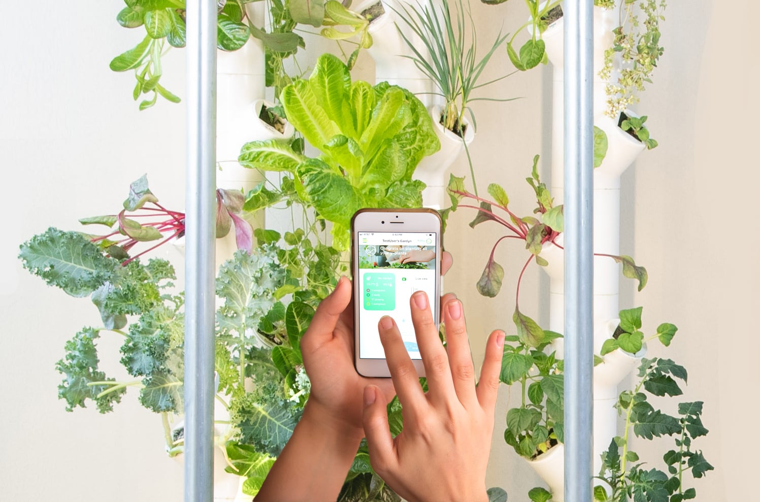Gardyn mobile app showing plant monitoring dashboard and AI care recommendations