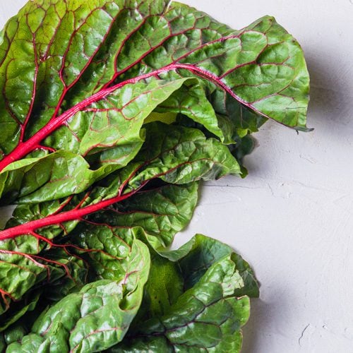 Swiss Chard, green with red veins on a grey background.