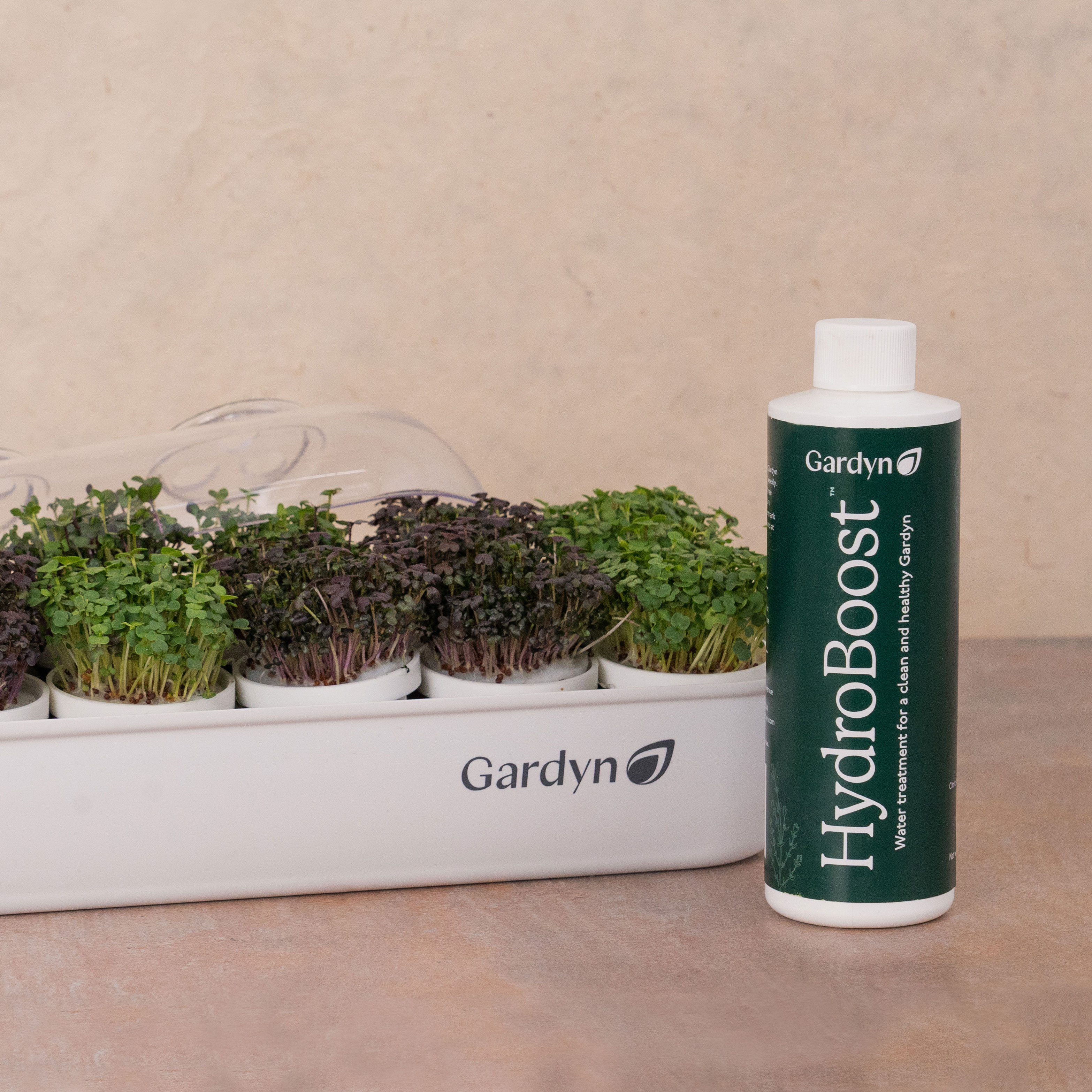 Gardyn Microgreens complete kit and hydroboost on a brown table with brown background.