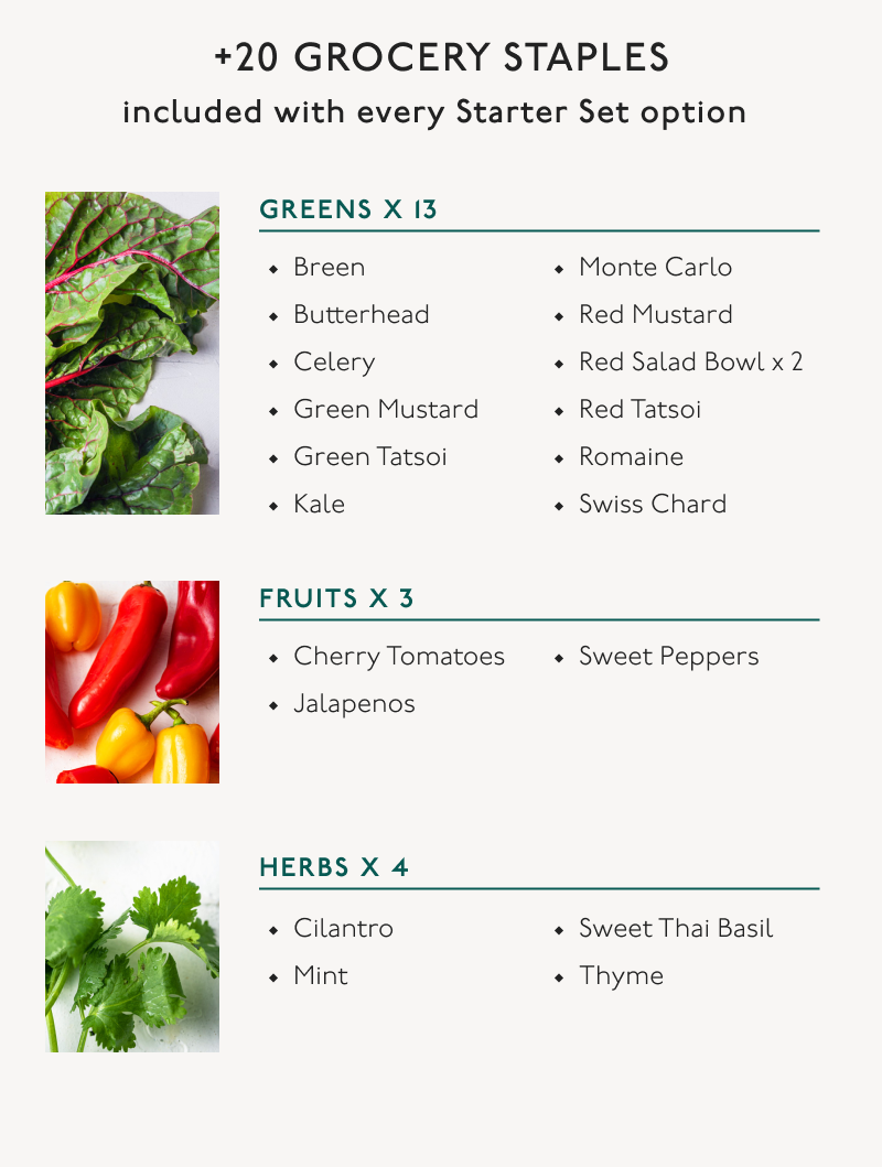 A poster showcasing a variety of vegetables and herbs included in each of Gardyn's Starter Kits, providing a visual guide to different types.