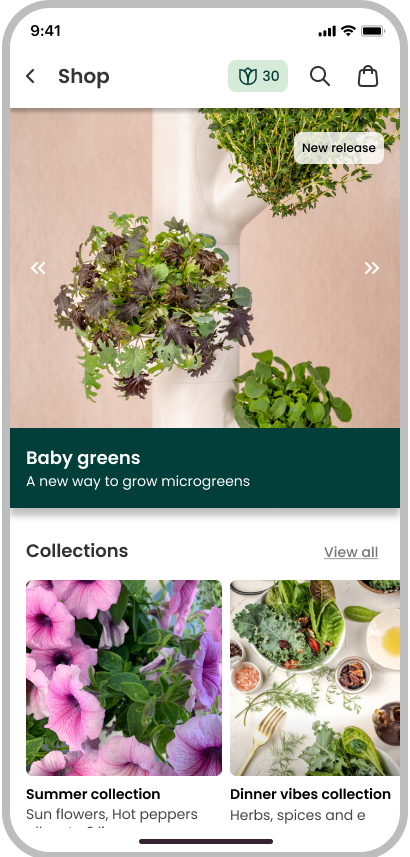 A screenshot of the Gardyn app's Shop menu, allowing users to shop for plants and various accessories.