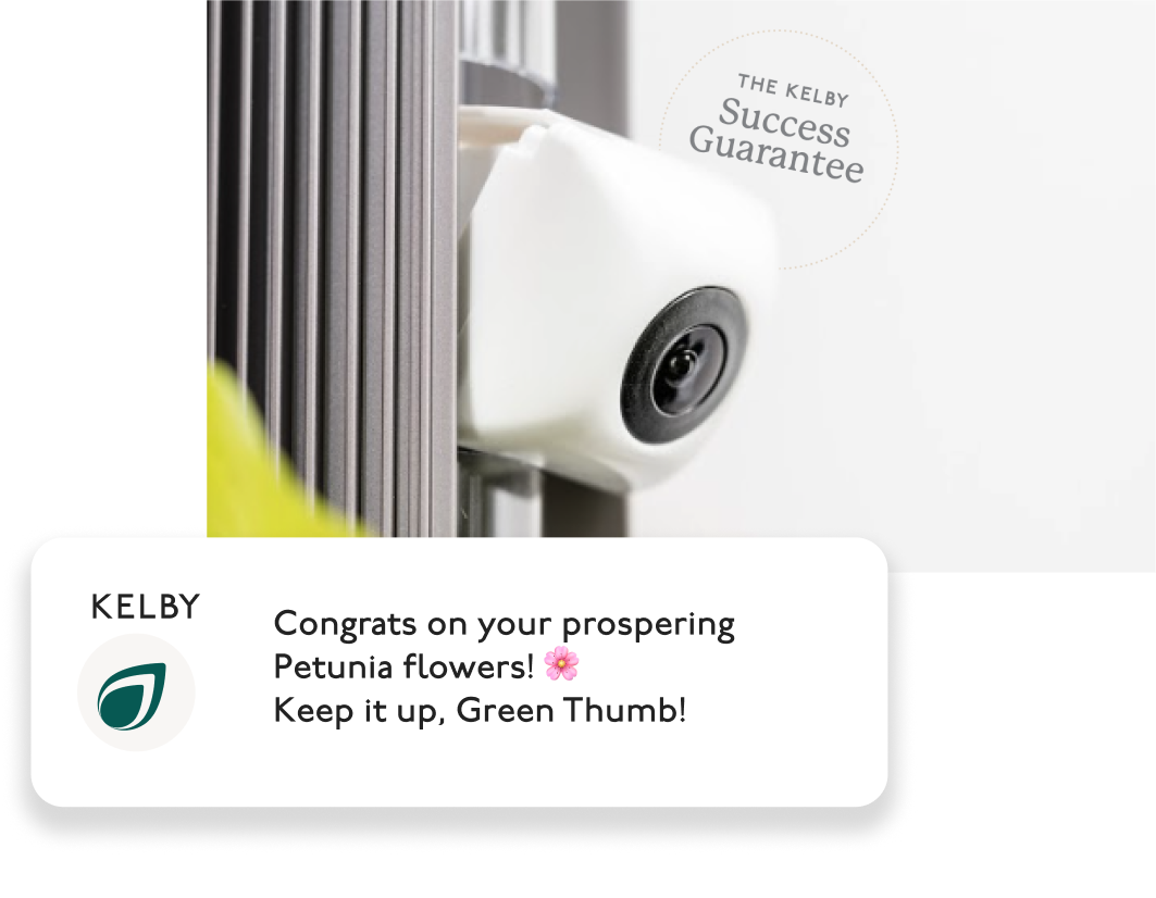 Image of Gardyn cameras with a simulated pop up notification bubble that says "Congrats on your prospering Petunia flowers! 🌸 Keep it up, Green Thumb!"