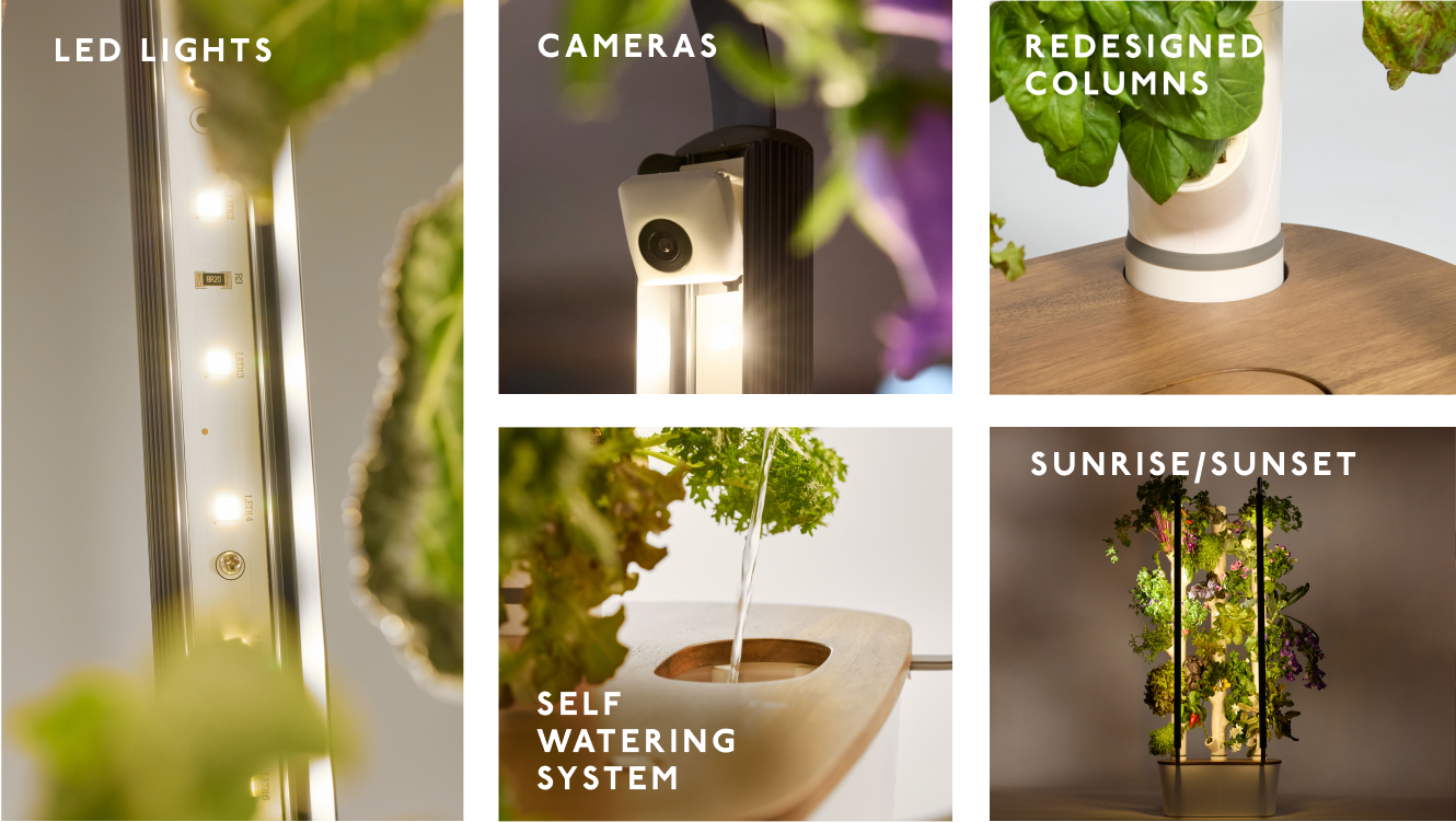 Collage image showing Gardyn Home System features and components. From left to right: LED Lights-shows LED Bar, Cameras-shows camera, Redesigned Columns-shows base of column, Self Watering System feature-shows water poured into Gardyn basin, Sunrise/Sunset feature-shows full Gardyn Home.
