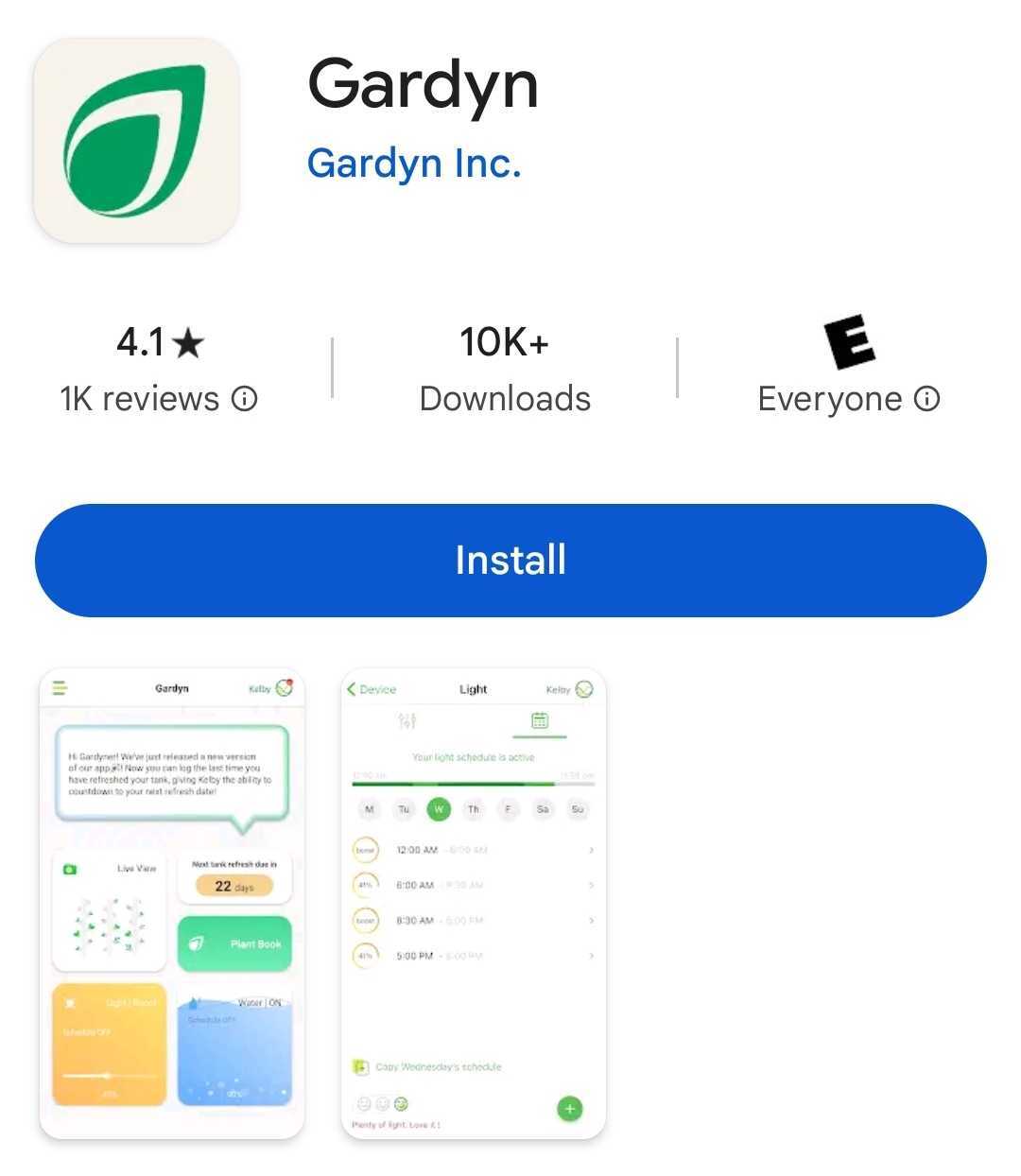 Screenshot of Gardyn app in the Google Play store
