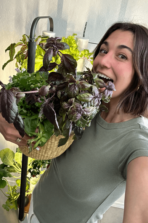 A woman excitedly holds up a basket full of harvested greens and herbs in front of her Gardyn.