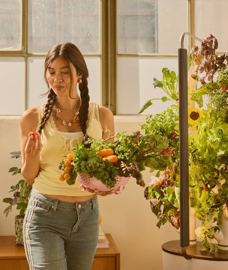 Gardyn Studio 2.0 growing variety of herbs, lettuce, and edible flowers